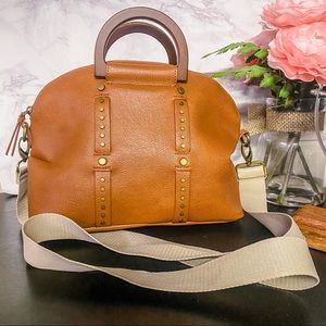 Hobo Caramel Brown Studded Vegan Leather Hobo Bag Wooden Handle Crossbody